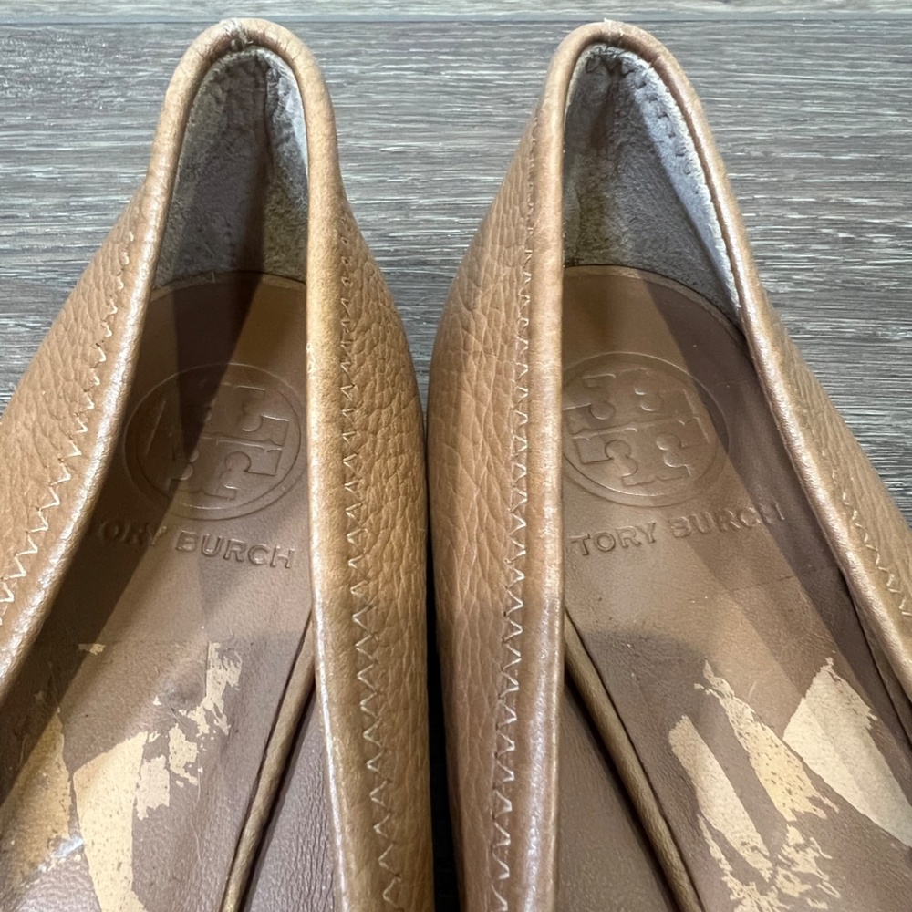 Tory Burch Tumbled Leather Reva Ballet Flats Royal Tan/Gold Size 8 - Picture 4 of 14